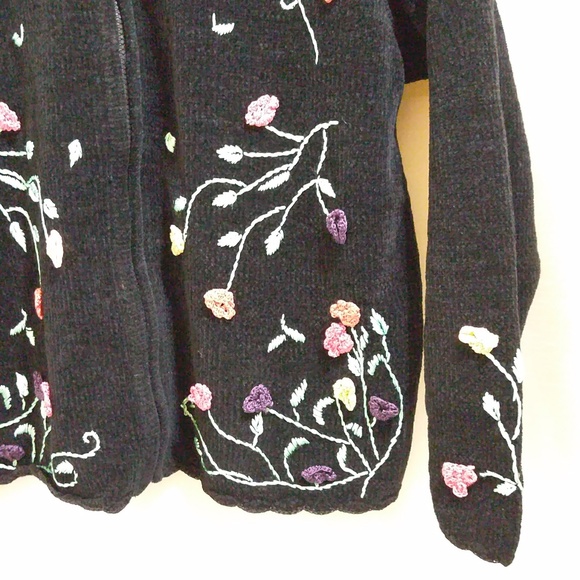 Vintage Chenille Full-Zip Black Sweater Jacket - Sz Large - Picture 3 of 5